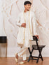 Men's Cream Gold Jacquard Zari Kurta with Pyjama and Lace Border Dupatta Set