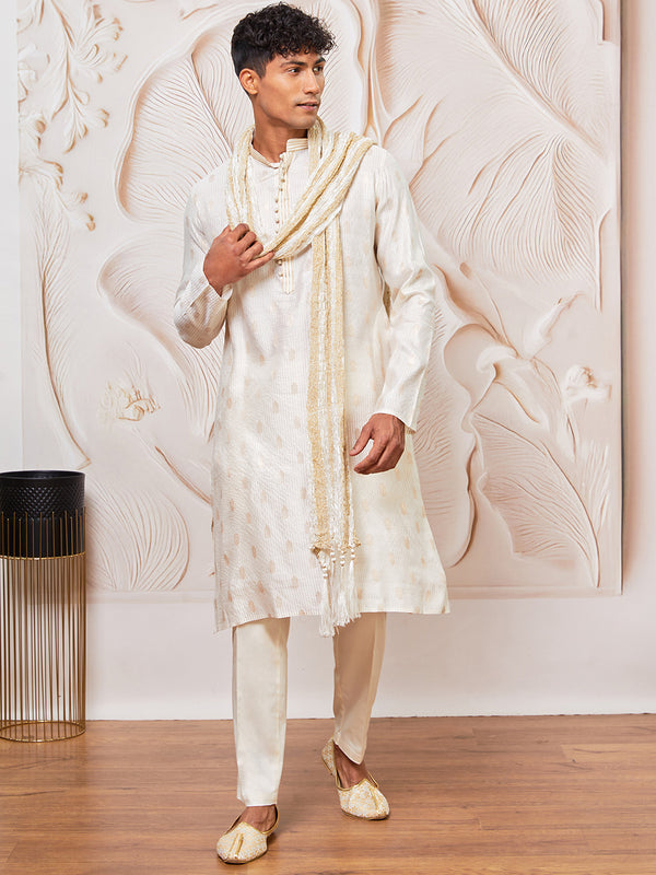 Men's Cream Silk Blend Kurta Pant And Dupatta Set
