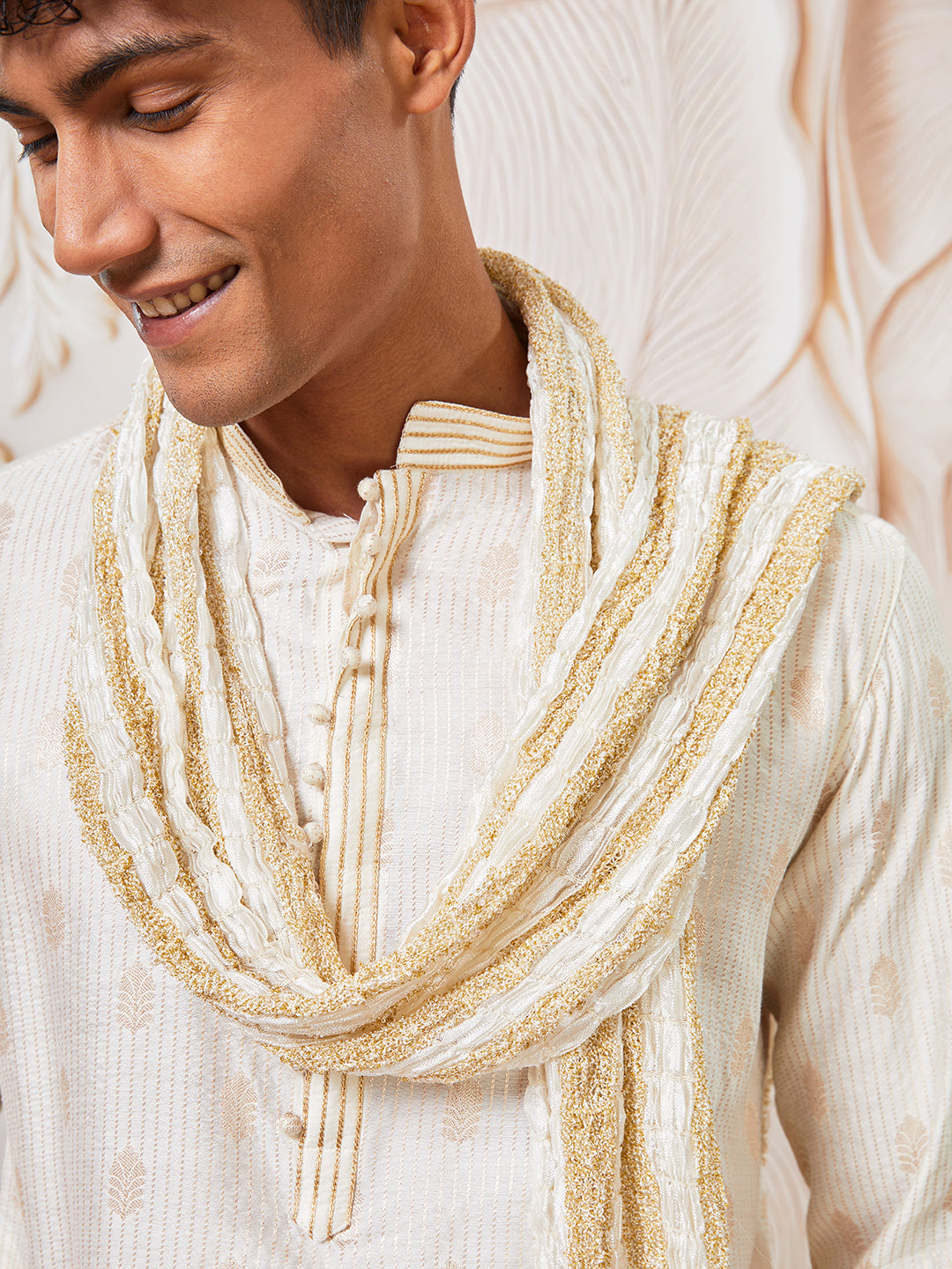 Men's Cream Silk Blend Kurta Pant And Dupatta Set