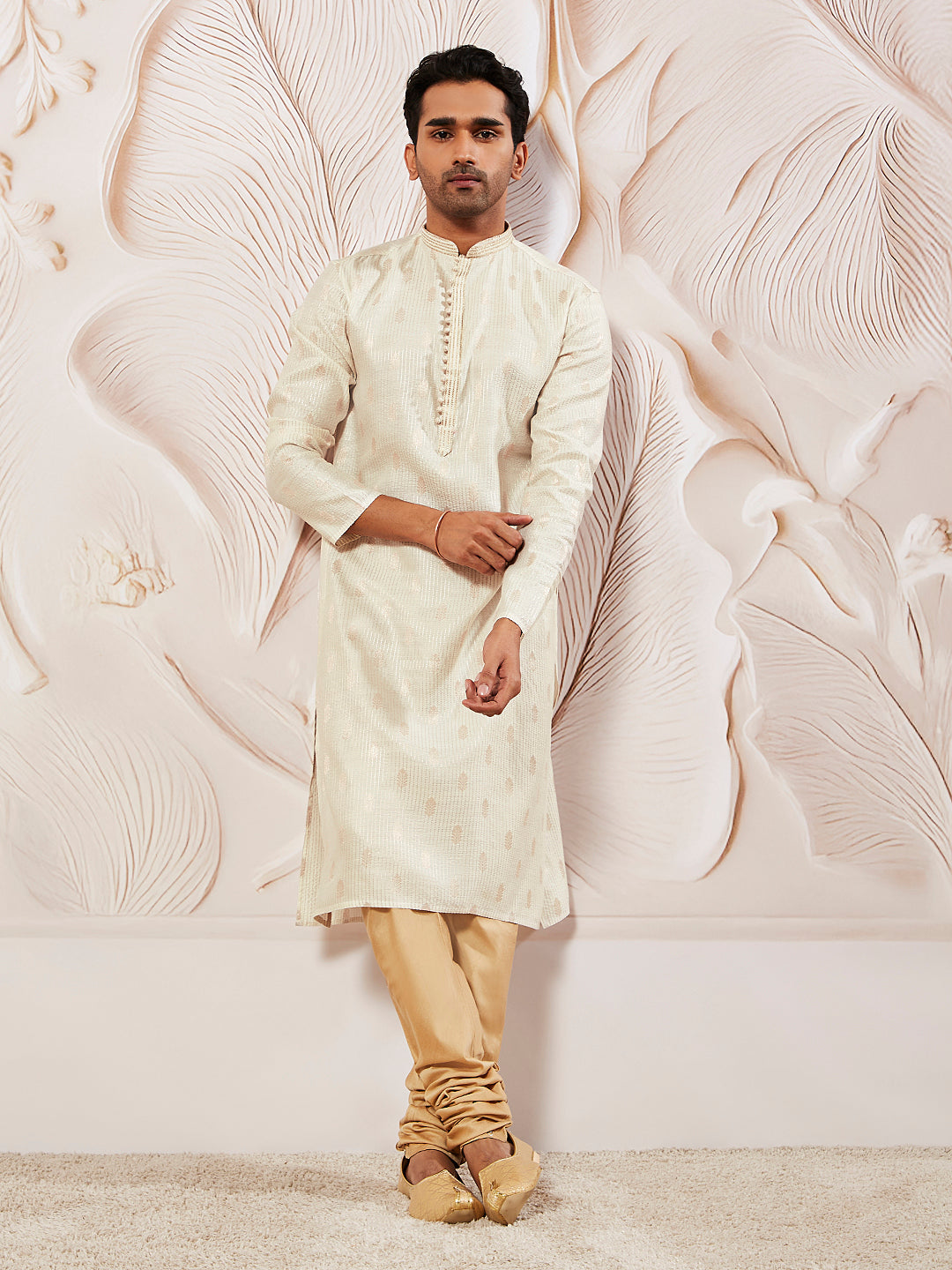 Men's Cream Silk Blend Kurta Pyjama Set