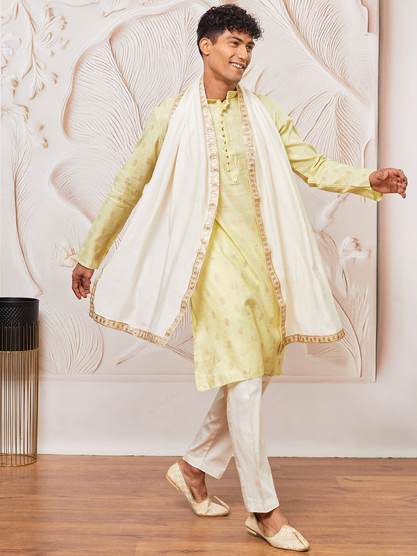Men's Mint Green Cotton Blend Kurta,Pant And Dupatta Set