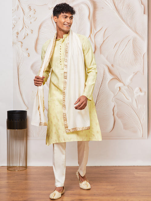 Men's Mint Green Cotton Blend Kurta,Pant And Dupatta Set
