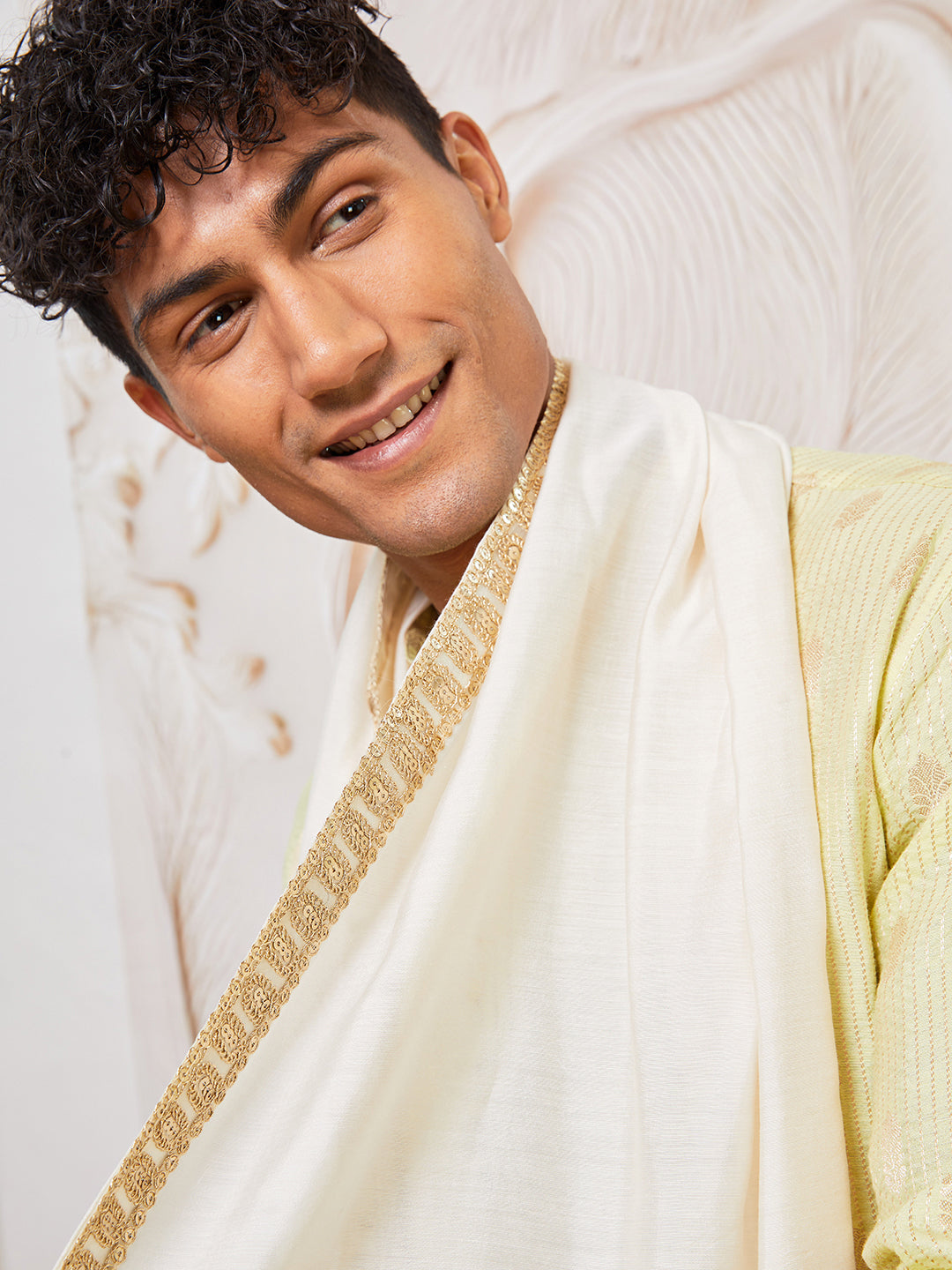 Men's Mint Green Cotton Blend Kurta,Pant And Dupatta Set