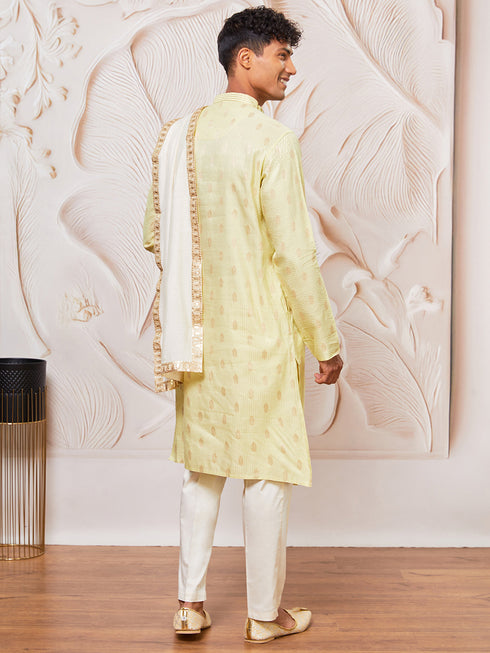 Men's Mint Green Cotton Blend Kurta,Pant And Dupatta Set