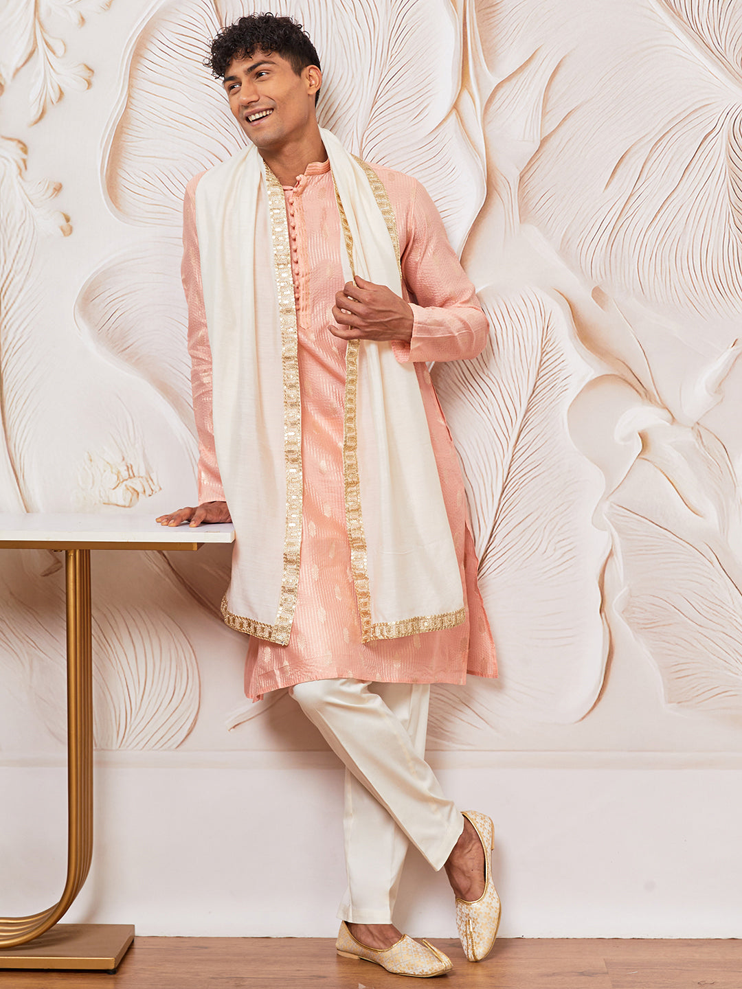 Men's Peach Cotton Blend Kurta, Pant And Dupatta Set
