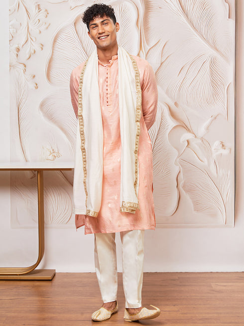 Men's Peach Cotton Blend Kurta, Pant And Dupatta Set