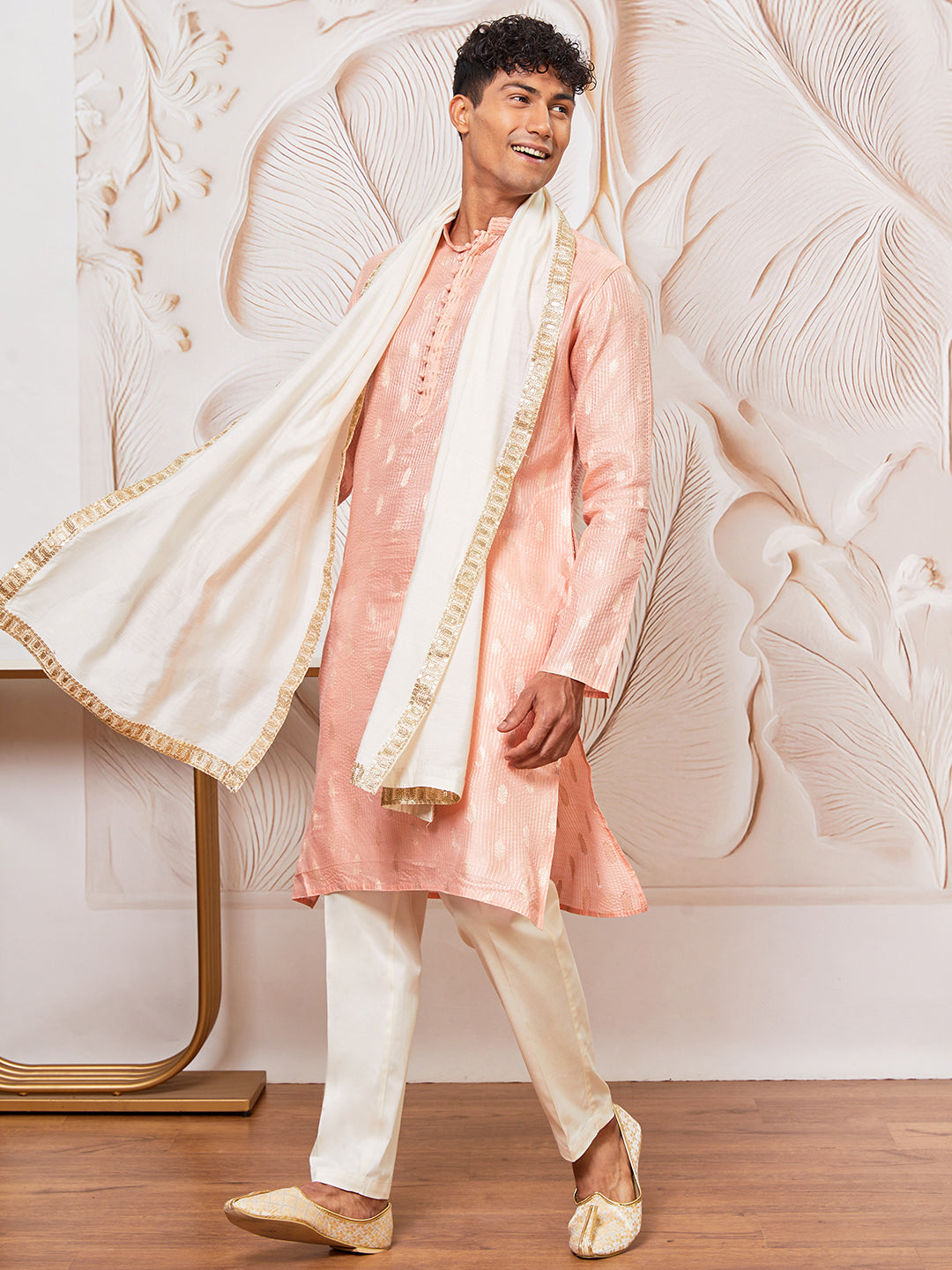 Men's Peach Cotton Blend Kurta, Pant And Dupatta Set