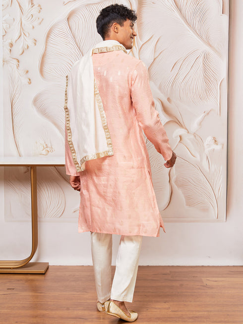 Men's Peach Cotton Blend Kurta, Pant And Dupatta Set