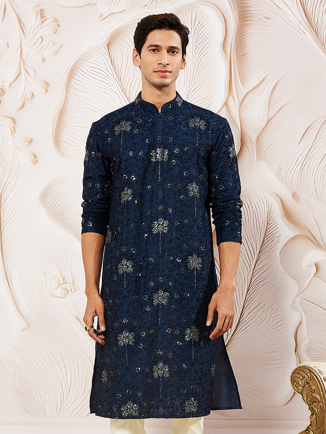 Men's Navy Blue Silk Blend Kurta