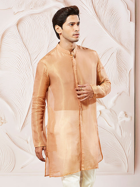 Men's Rust Tissue Silk Kurta