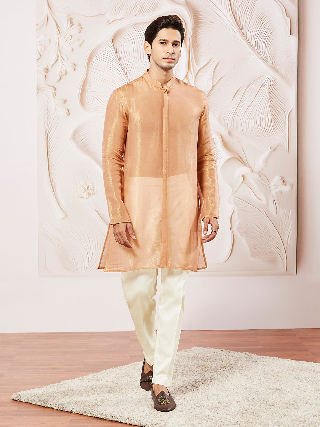Men's Rust Tissue Silk Kurta Pyjama Set