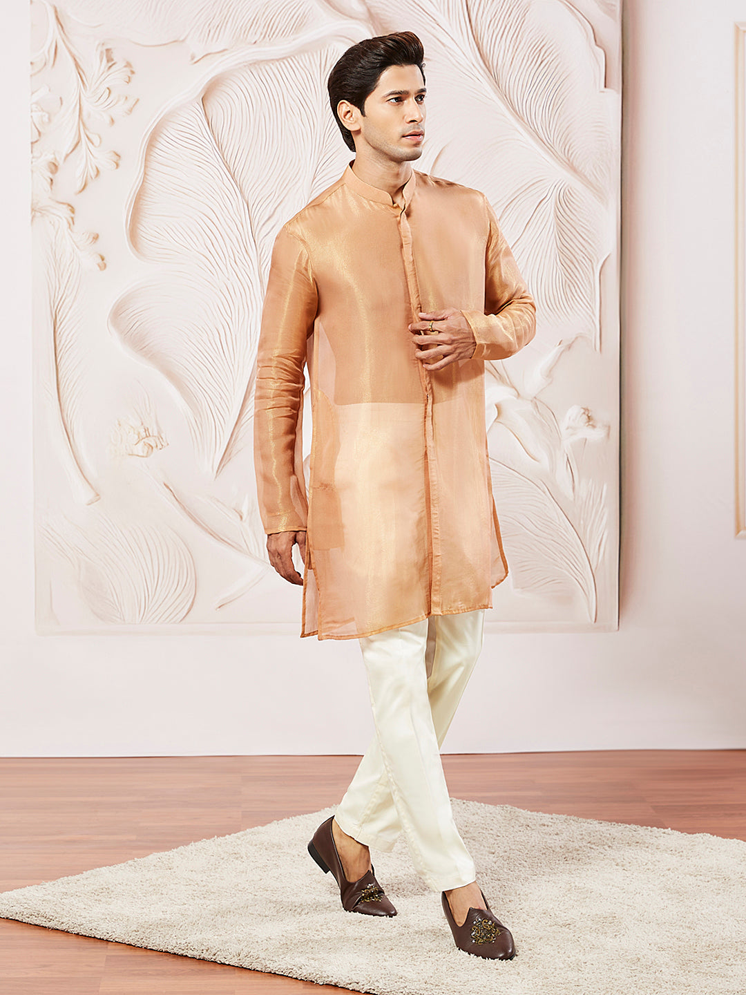 Men's Rust Tissue Silk Kurta Pyjama Set