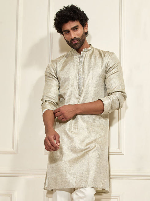 Men's Beige Tissue Silk Kurta