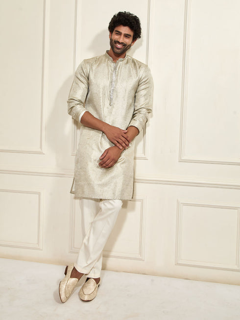 Men's Beige Tissue Silk Kurta