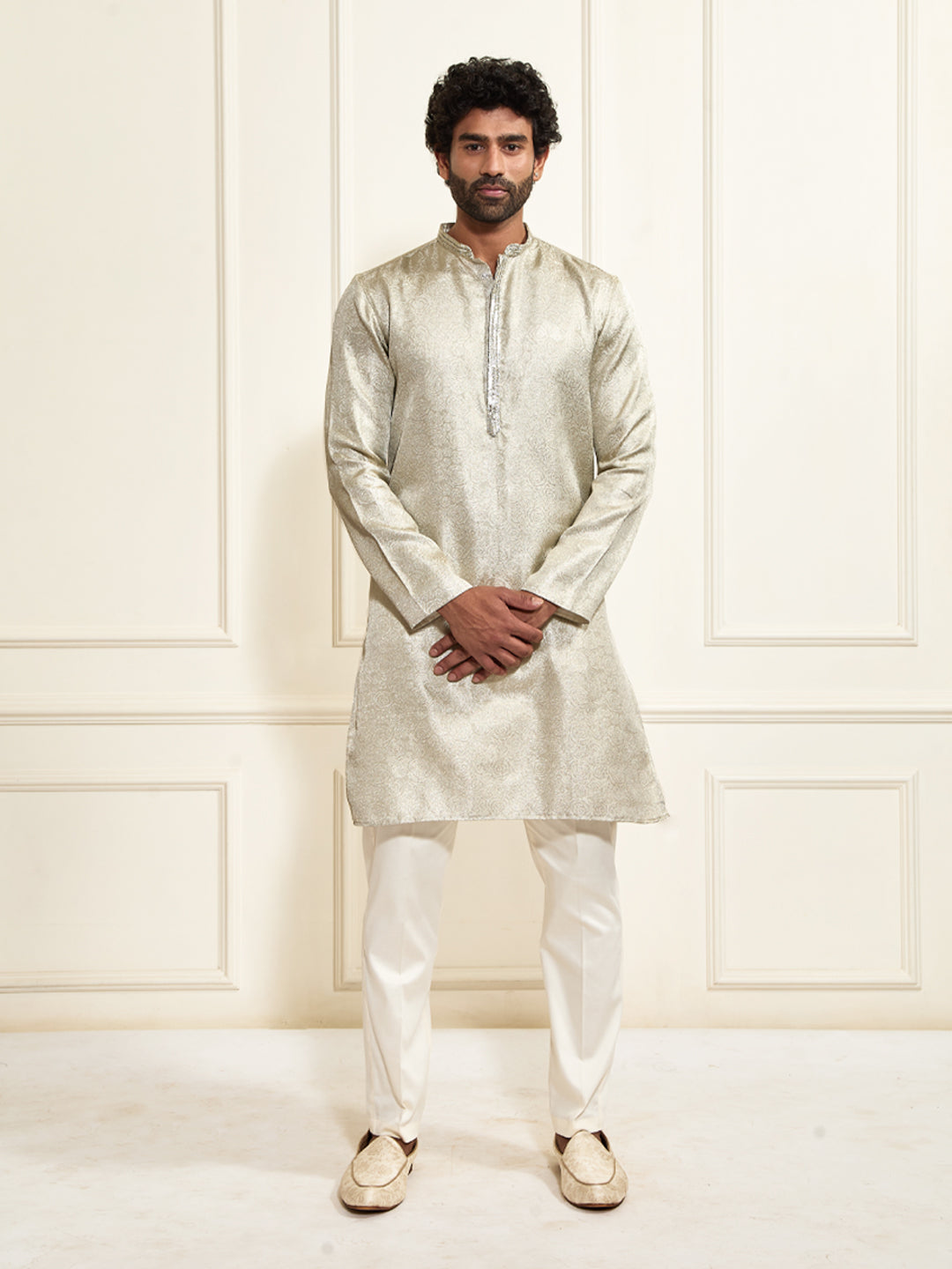 Men's Beige Tissue Silk Kurta And Pant Set.