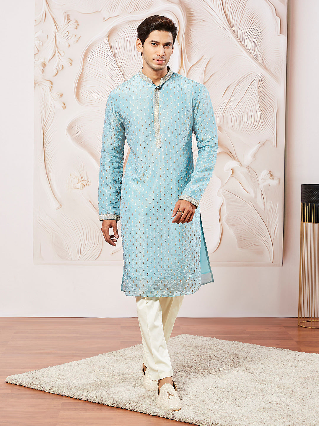 Men's Aqua Tissue Silk Kurta Pyjama Set