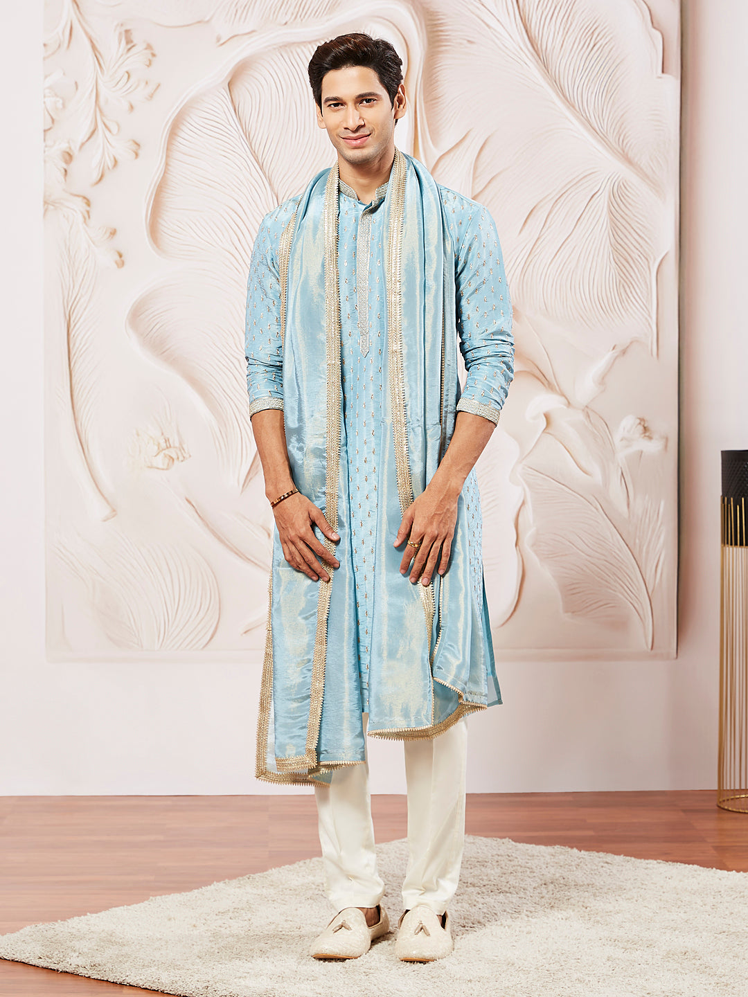 Men's Aqua Tissue Silk Kurta Pyjama And Dupatta Set
