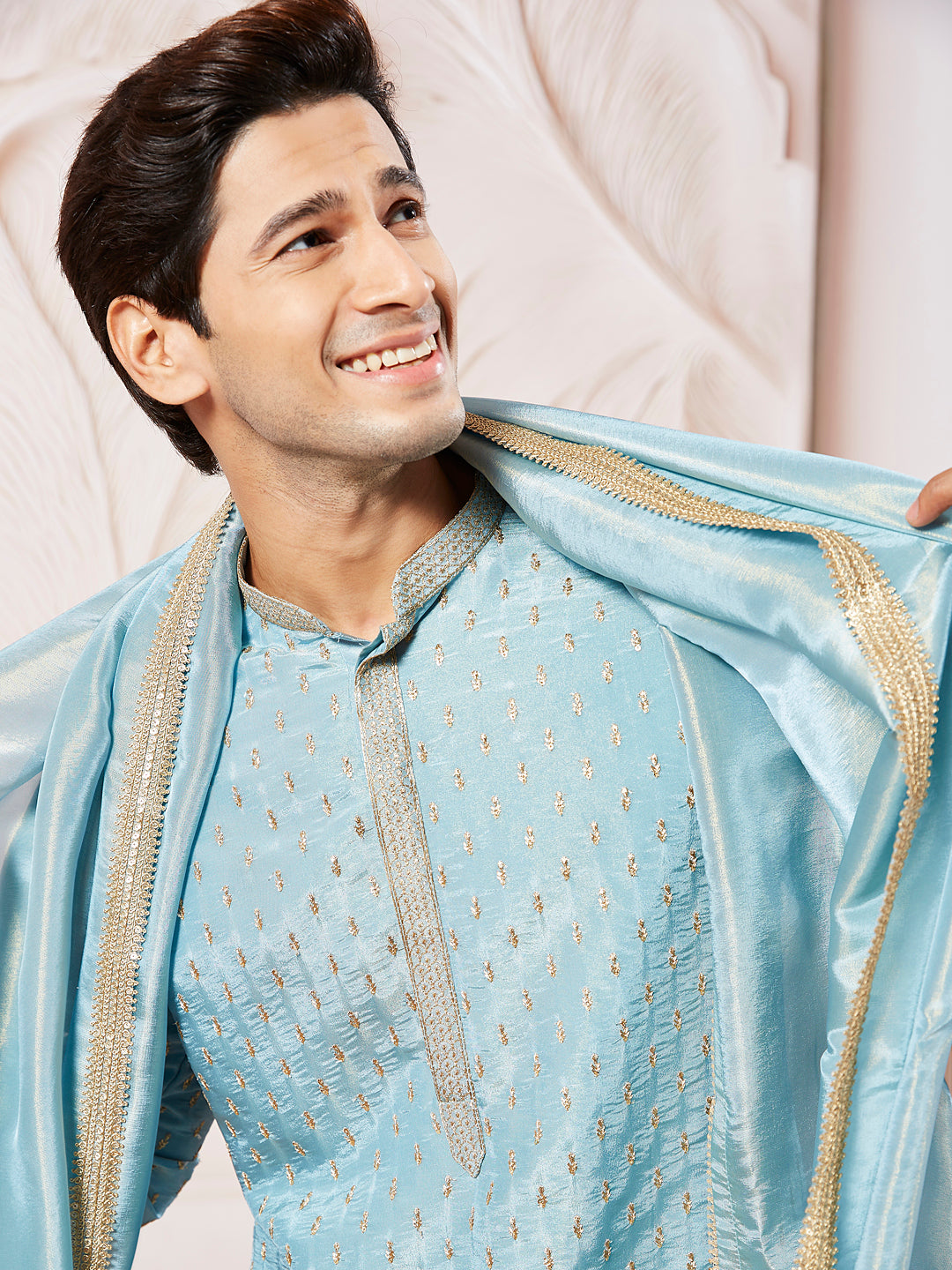 Men's Aqua Tissue Silk Kurta Pyjama And Dupatta Set