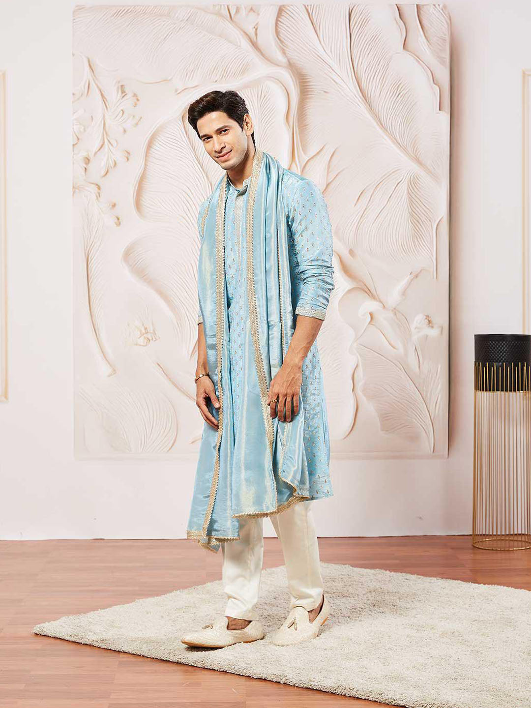 Men's Aqua Tissue Silk Kurta Pyjama And Dupatta Set