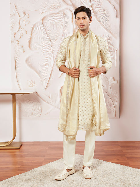 Men's Cream Tissue Silk Kurta Pyjama And Dupatta Set