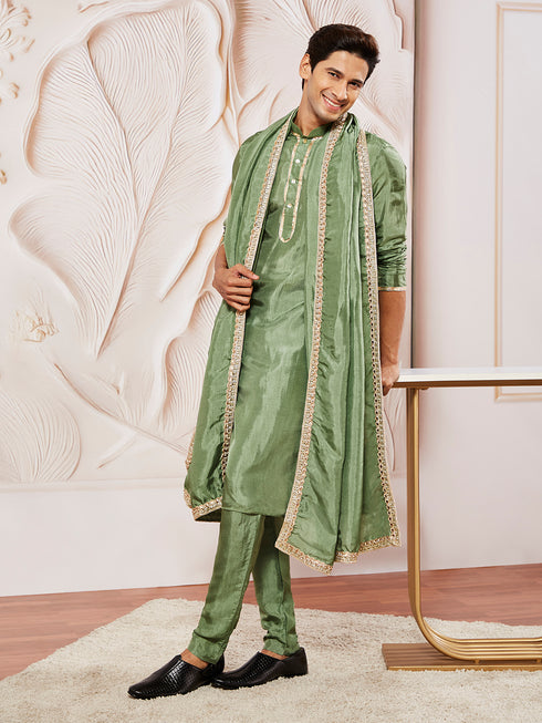 Men's Green Tissue Silk Kurta