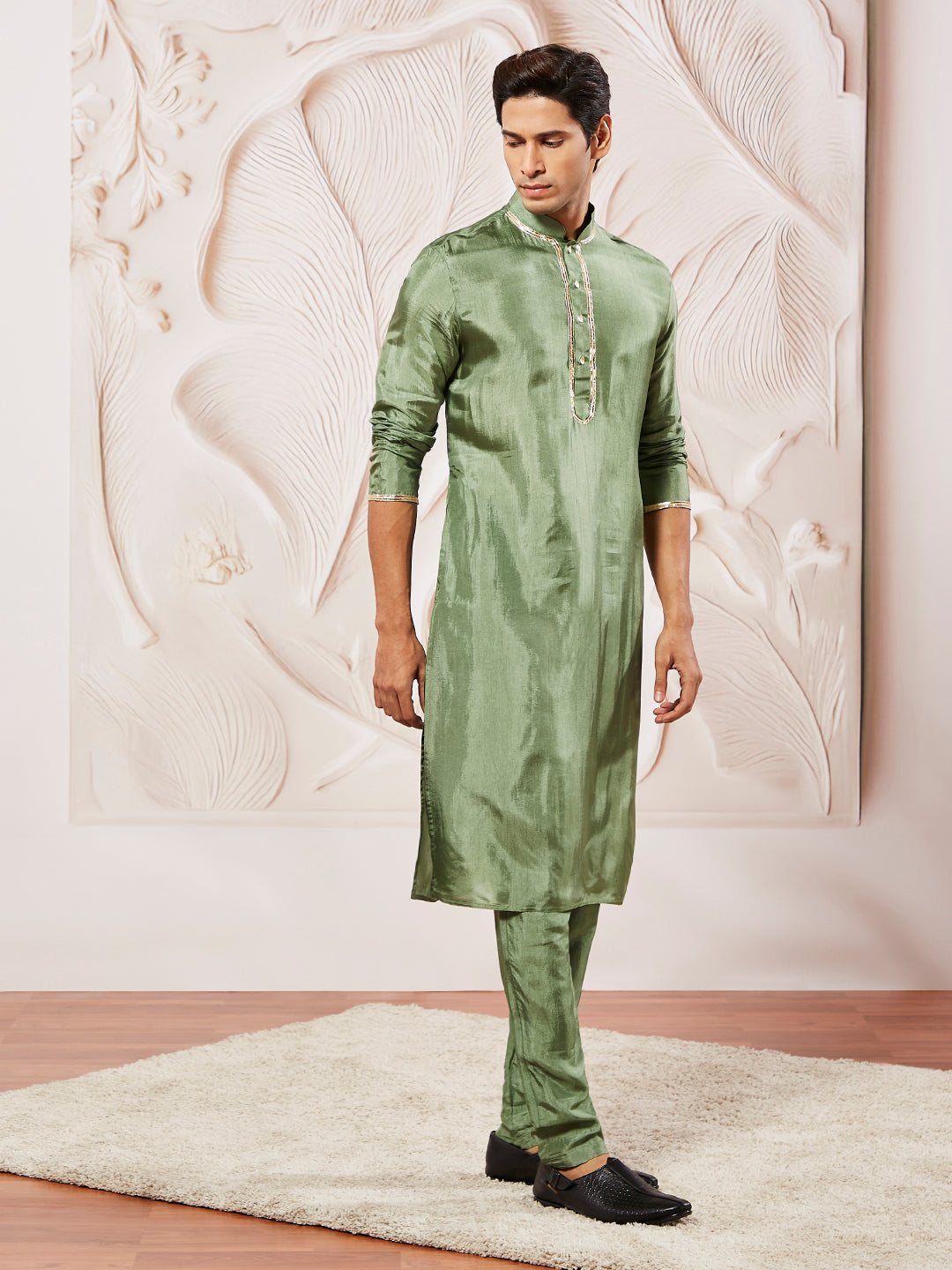 Men's Green Tissue Silk Kurta Pyjama Set