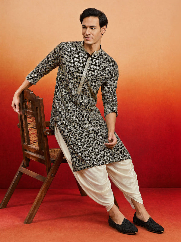 Men Black Rayon Kurta with Dhoti Festive, Festive Glitz, EID, Wedding, Diwali Ethnic Wear