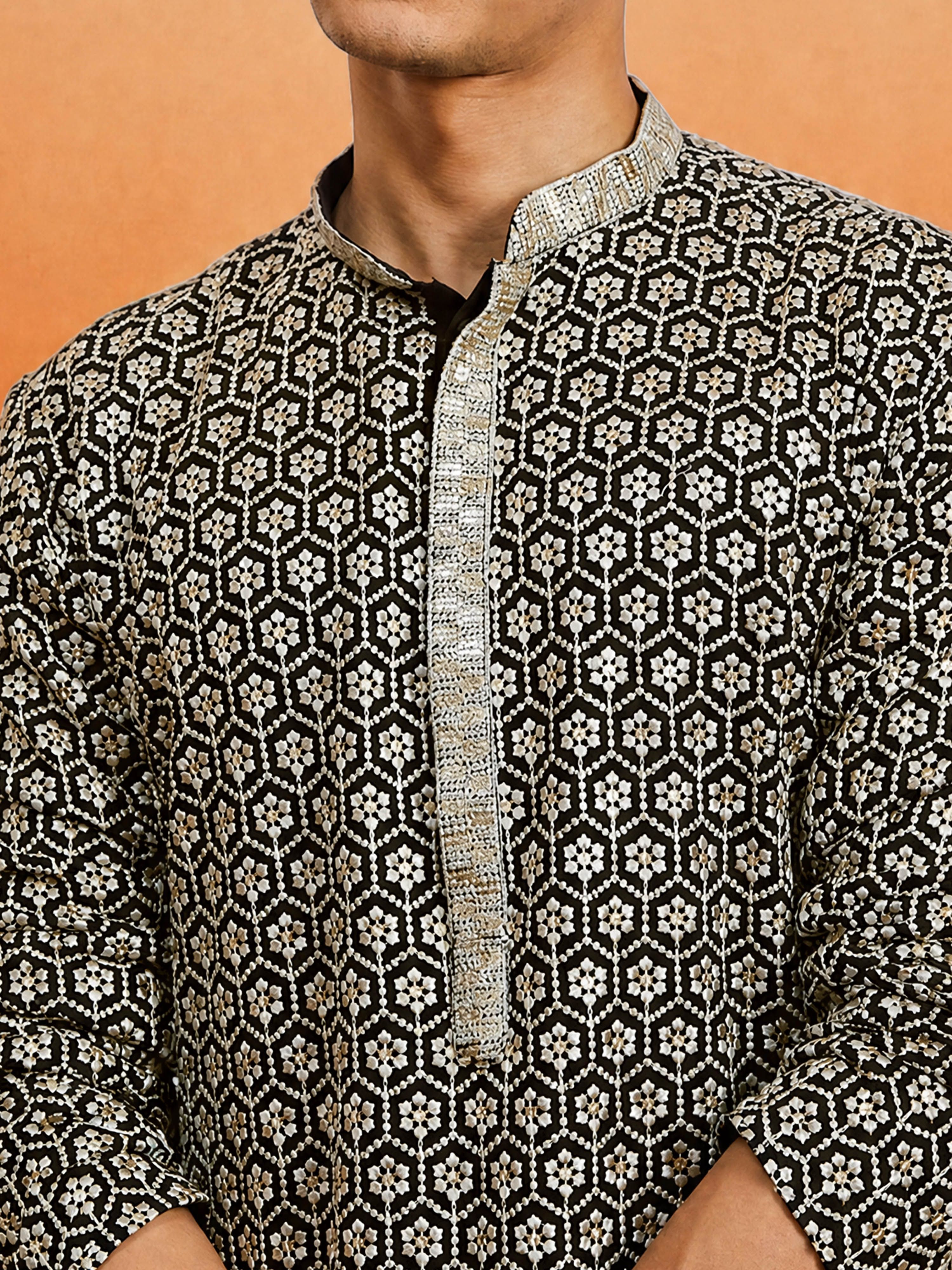 Men's Black Rayon Embellished Knee Length Kurta with Dhoti