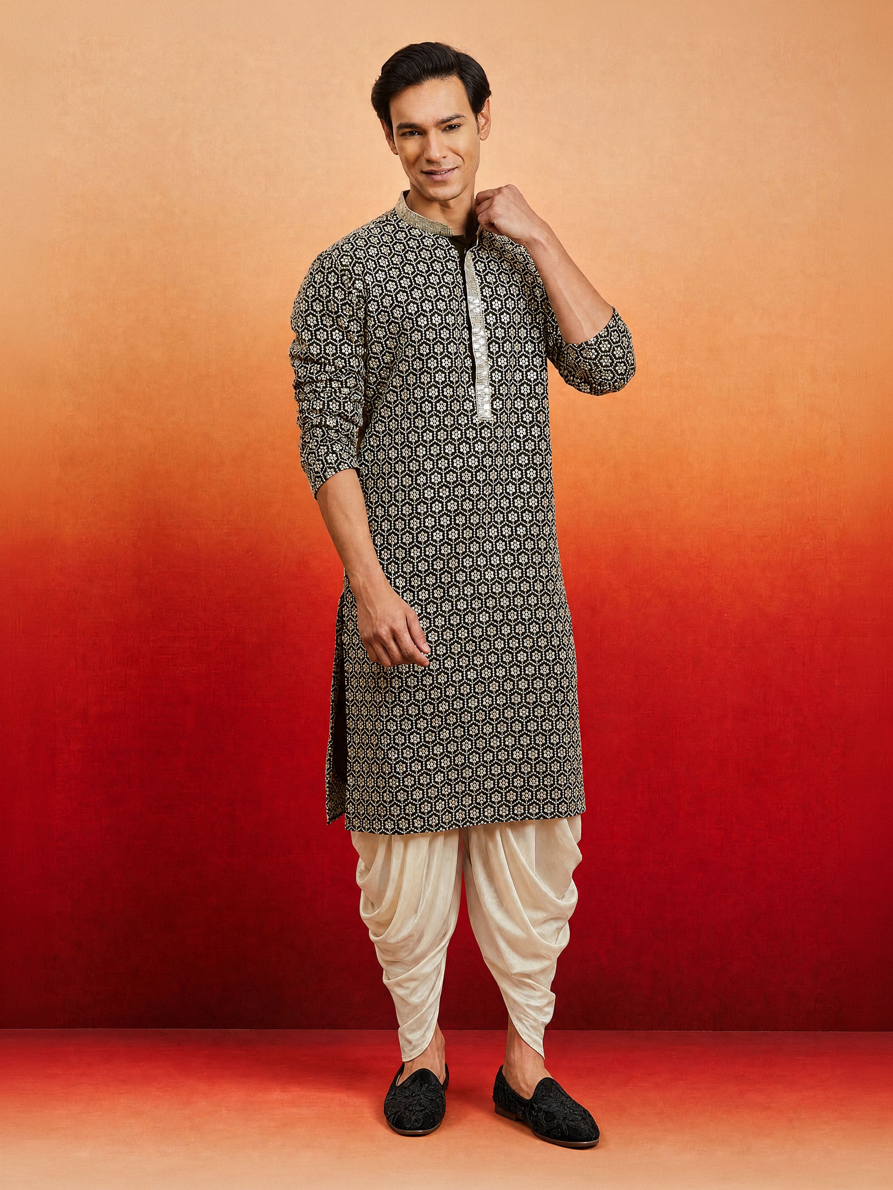Men's Black Rayon Embellished Knee Length Kurta with Dhoti