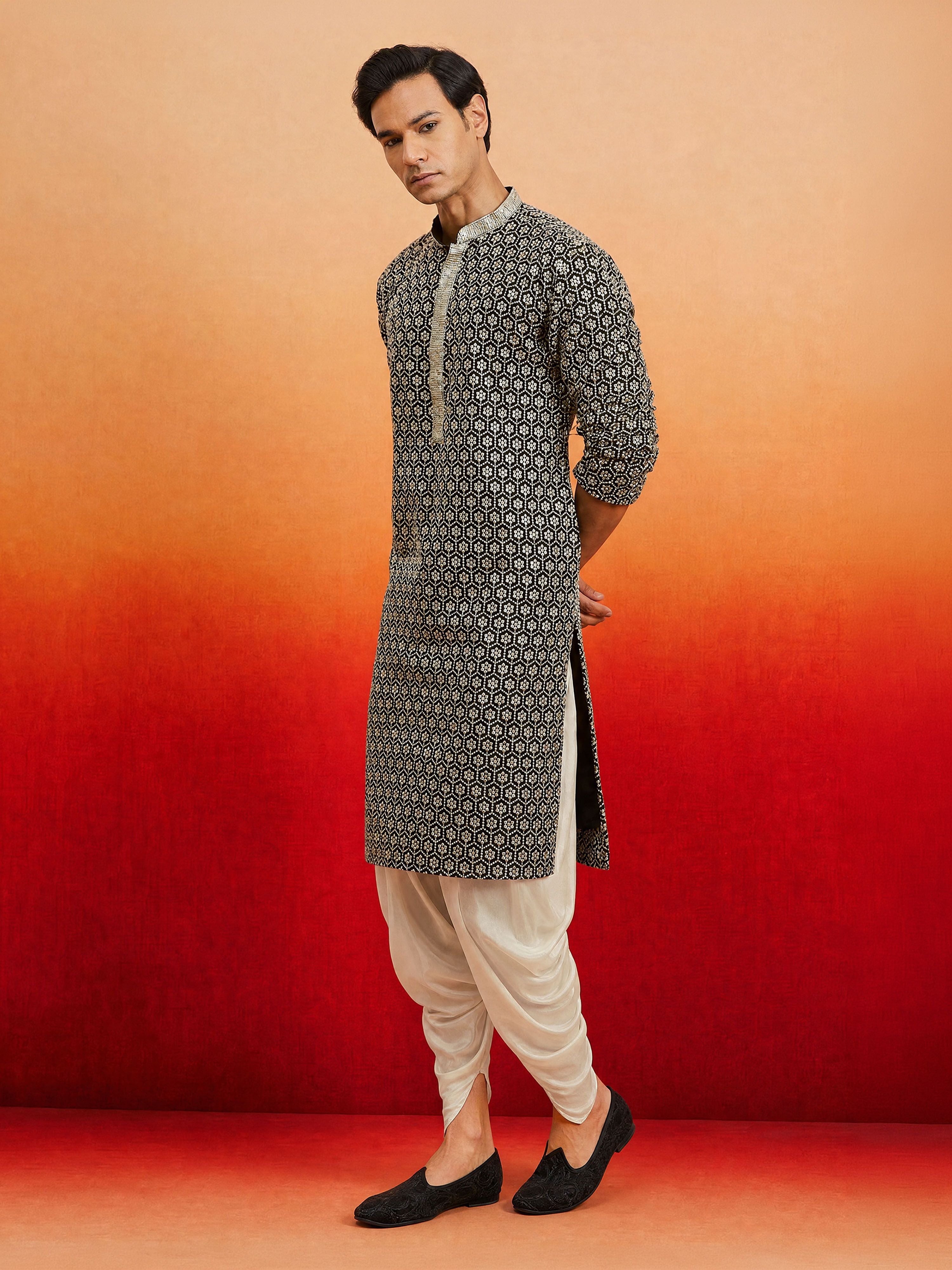 Men's Black Rayon Embellished Knee Length Kurta with Dhoti
