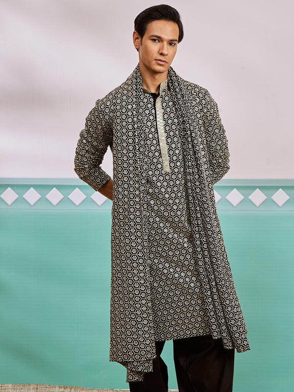 Men's Black Chikankari Rayon Kurta with Silk Dupatta Set