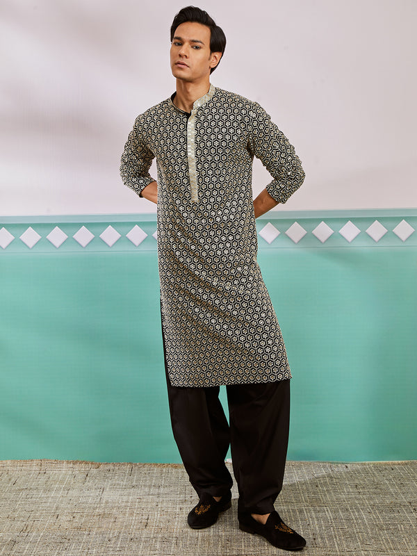Men's Black Rayon Kurta And Patiala Set