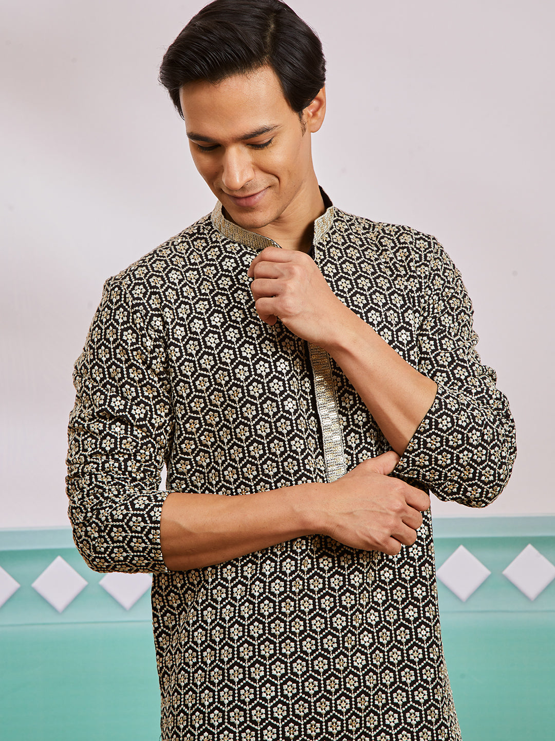 Men's Black Rayon Kurta And Patiala Set