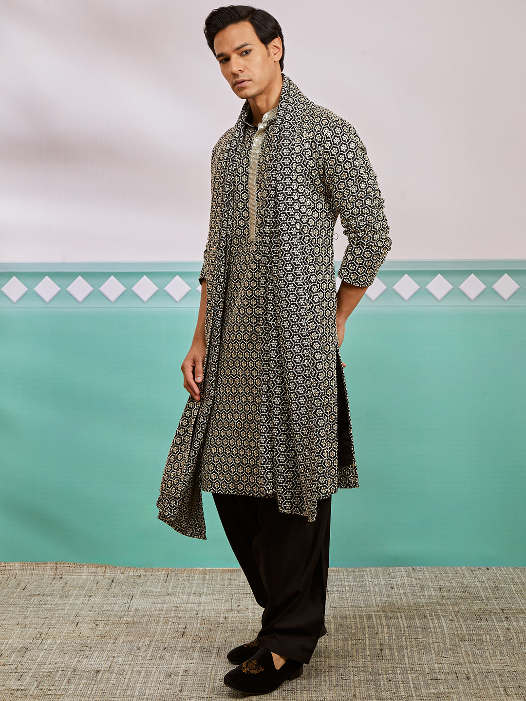 Men's Black Rayon Kurta, Patiala And Dupatta Set.