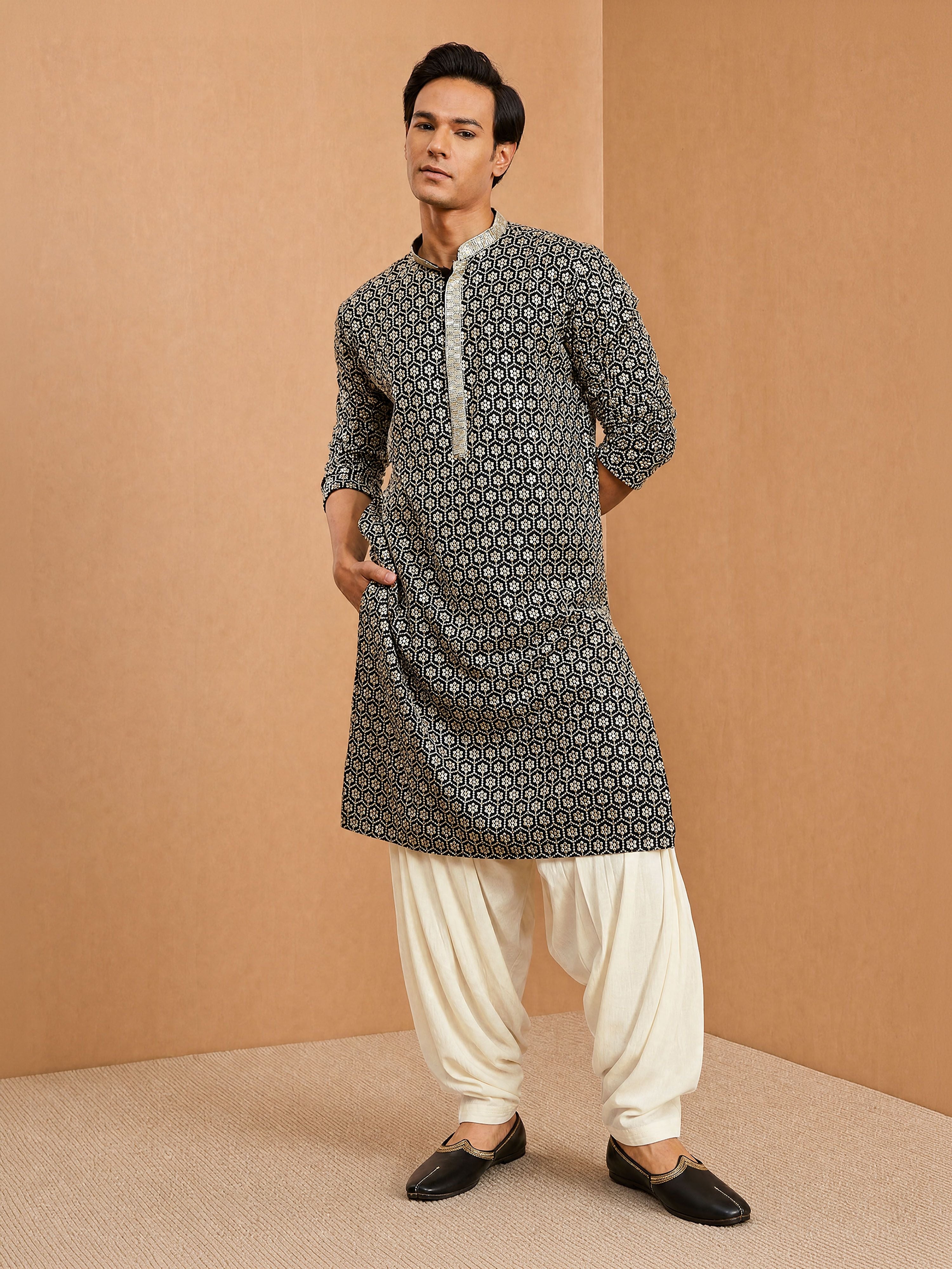 Men Black Rayon Kurta with Patiala Festive Ethnic Wear