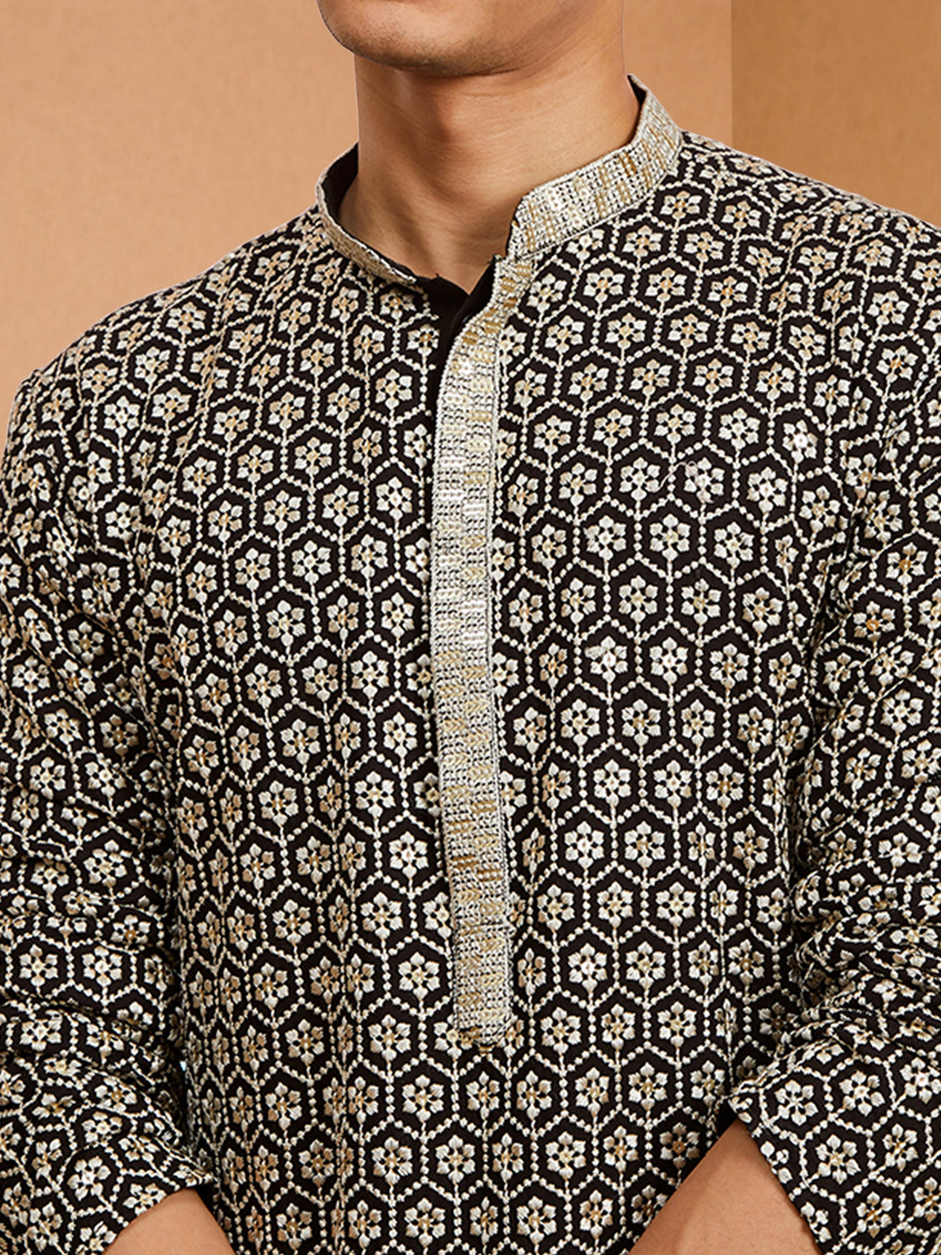 Men's Black Rayon Embroidered Knee Length Kurta with Patiala