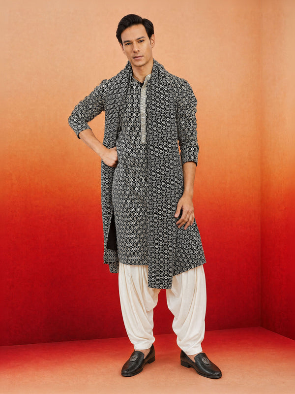Men Black Rayon Kurta Patiala with Dupatta Festive Ethnic Wear