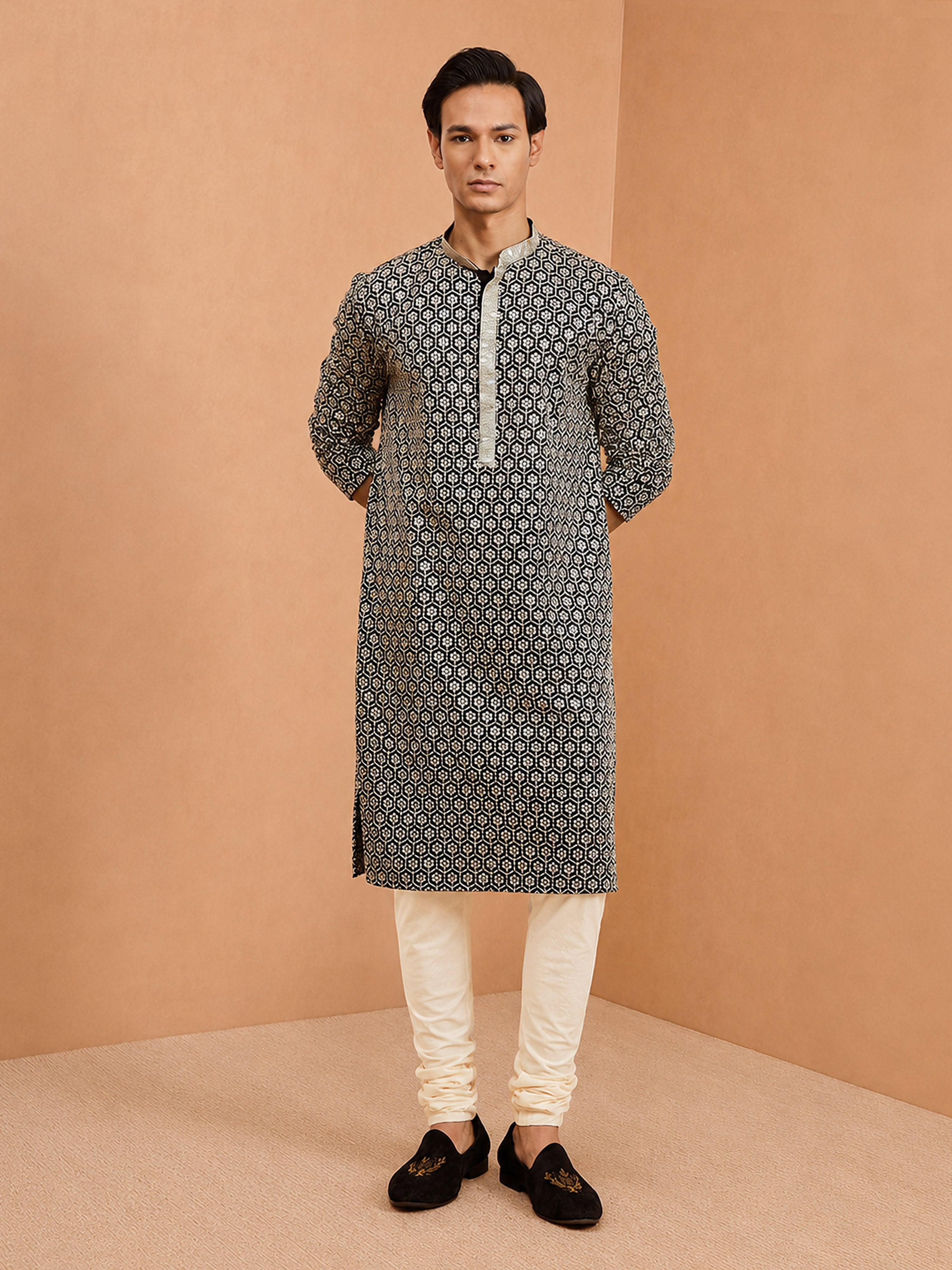 Men's Black Embroidered, Sequin Knee Length Kurta Pant Set with Churidar