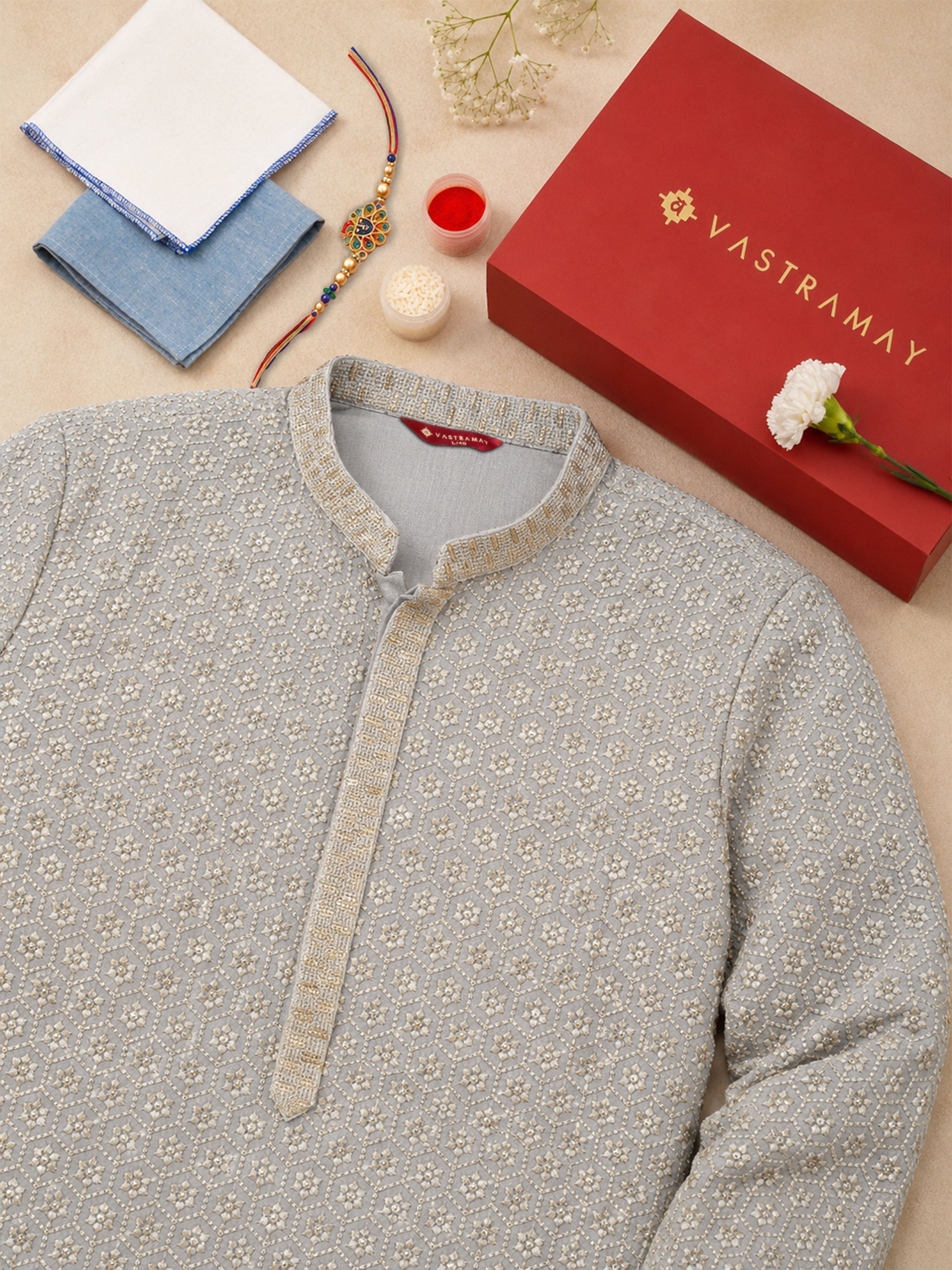 Men's Grey Rayon Kurta Rakhi Gift Box for Brother | Premium Gift Set
