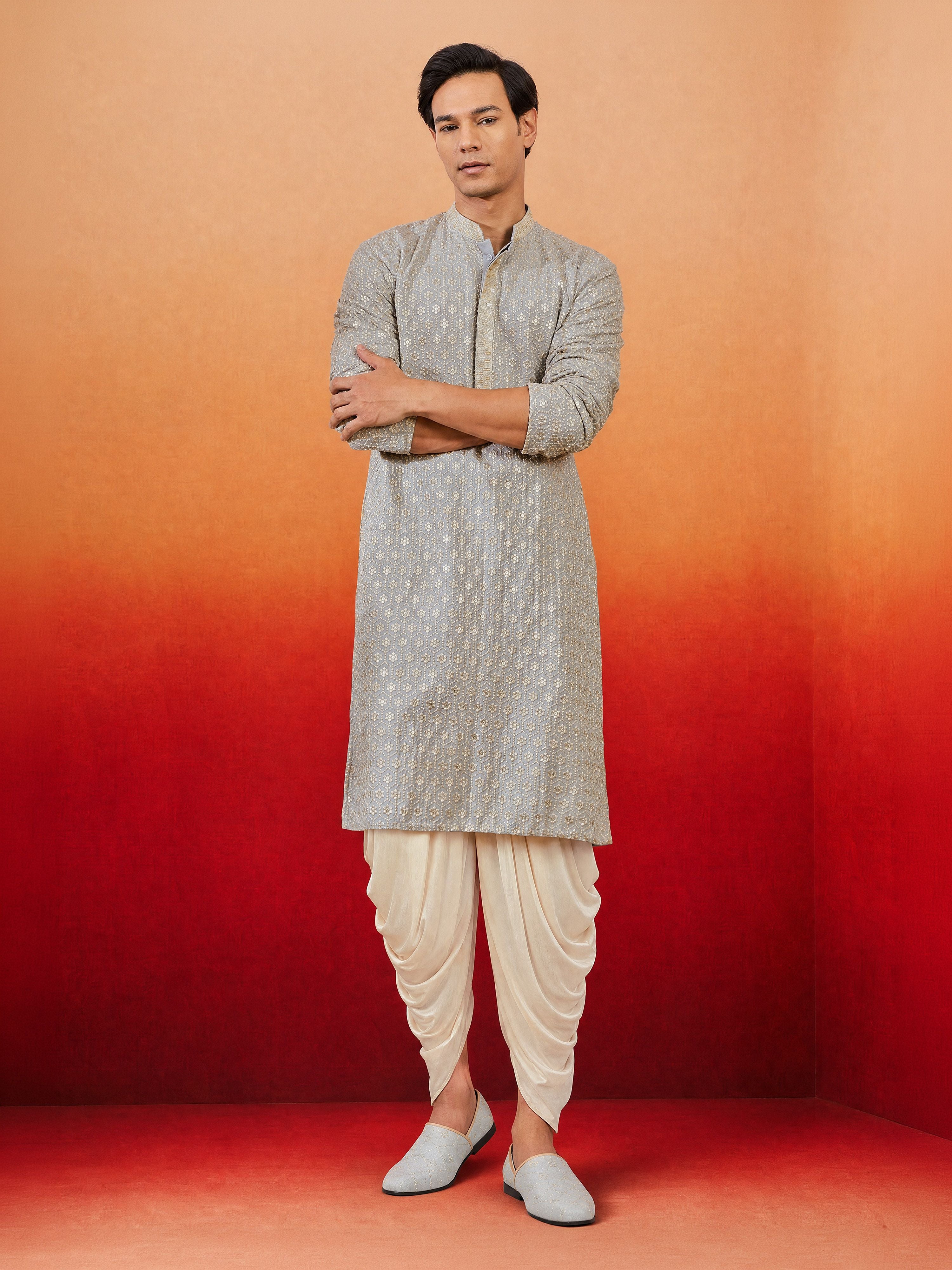 Men Grey Rayon Kurta with Dhoti Festive, Festive Glitz, EID, Wedding, Diwali Ethnic Wear
