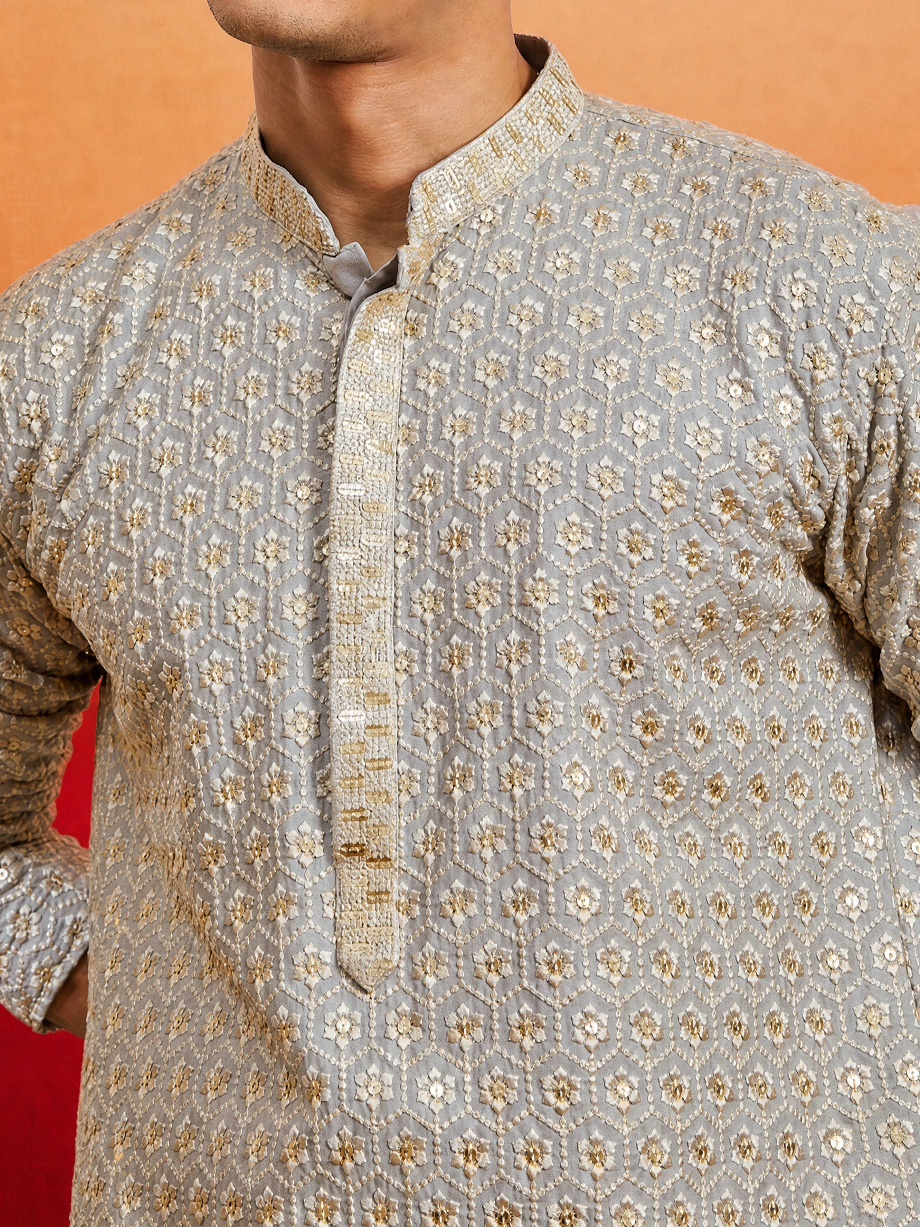 Men's Grey Rayon Embellished Knee Length Kurta with Dhoti