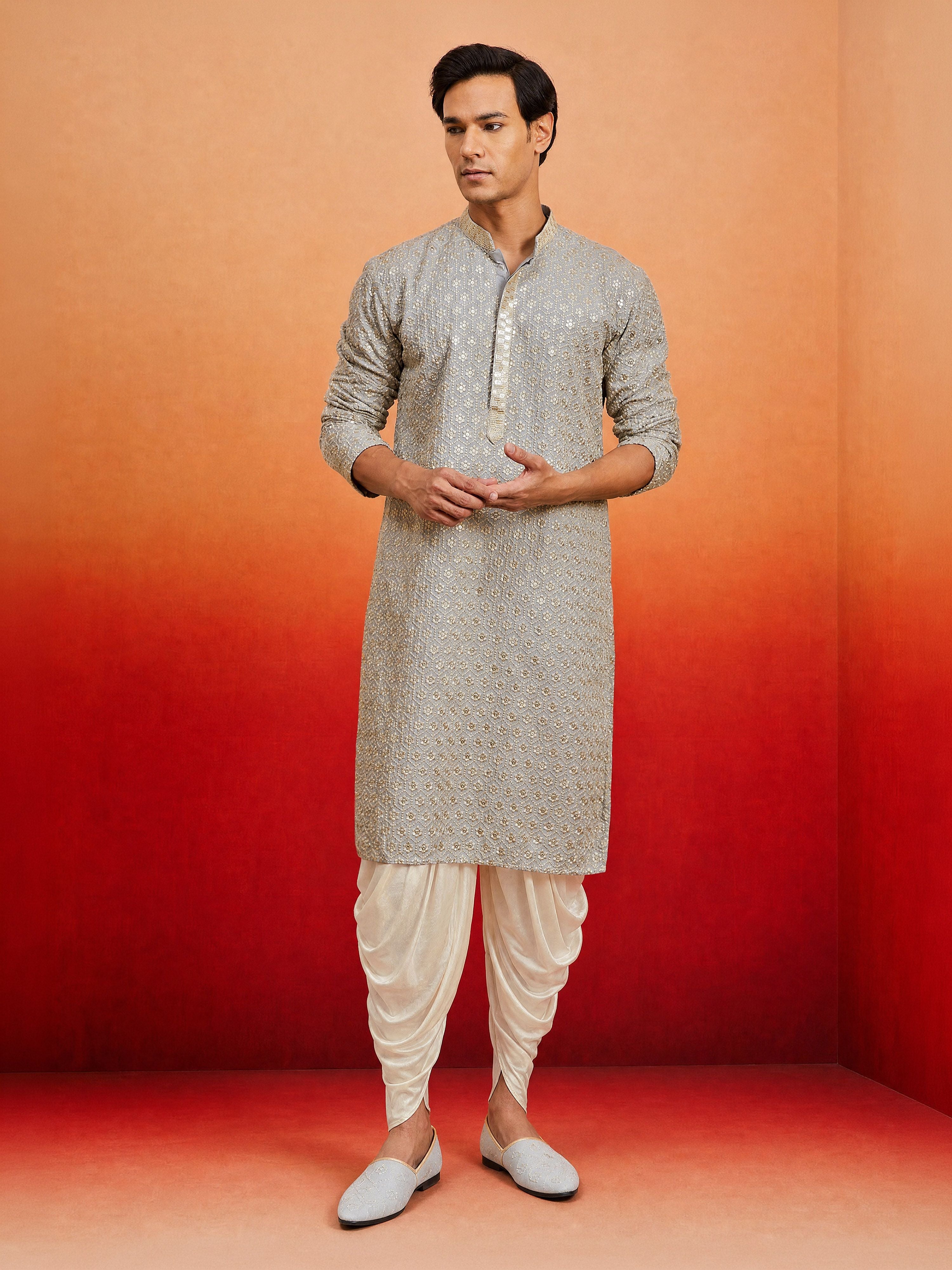 Men's Grey Rayon Embellished Knee Length Kurta with Dhoti