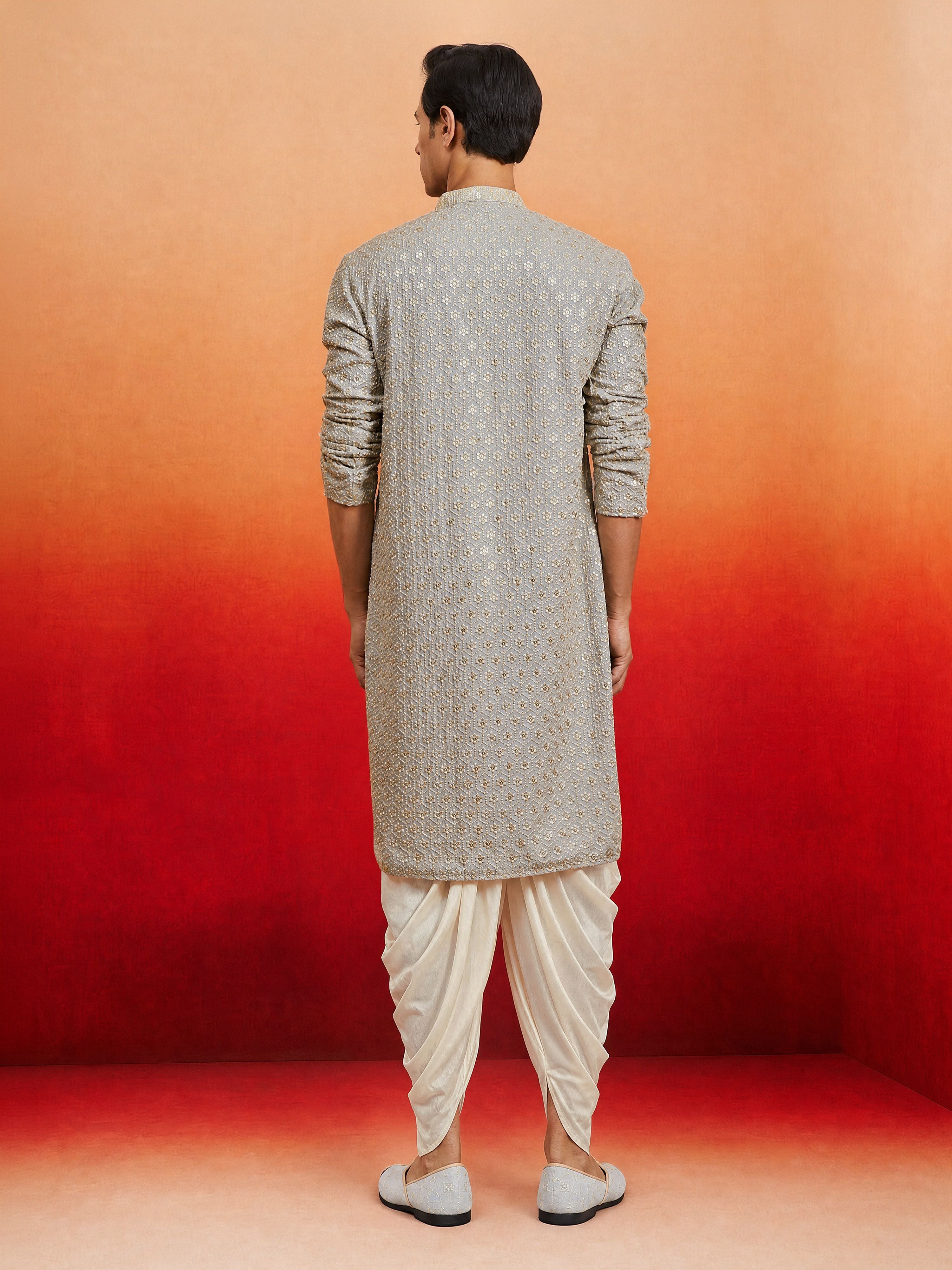 Men's Grey Rayon Embellished Knee Length Kurta with Dhoti