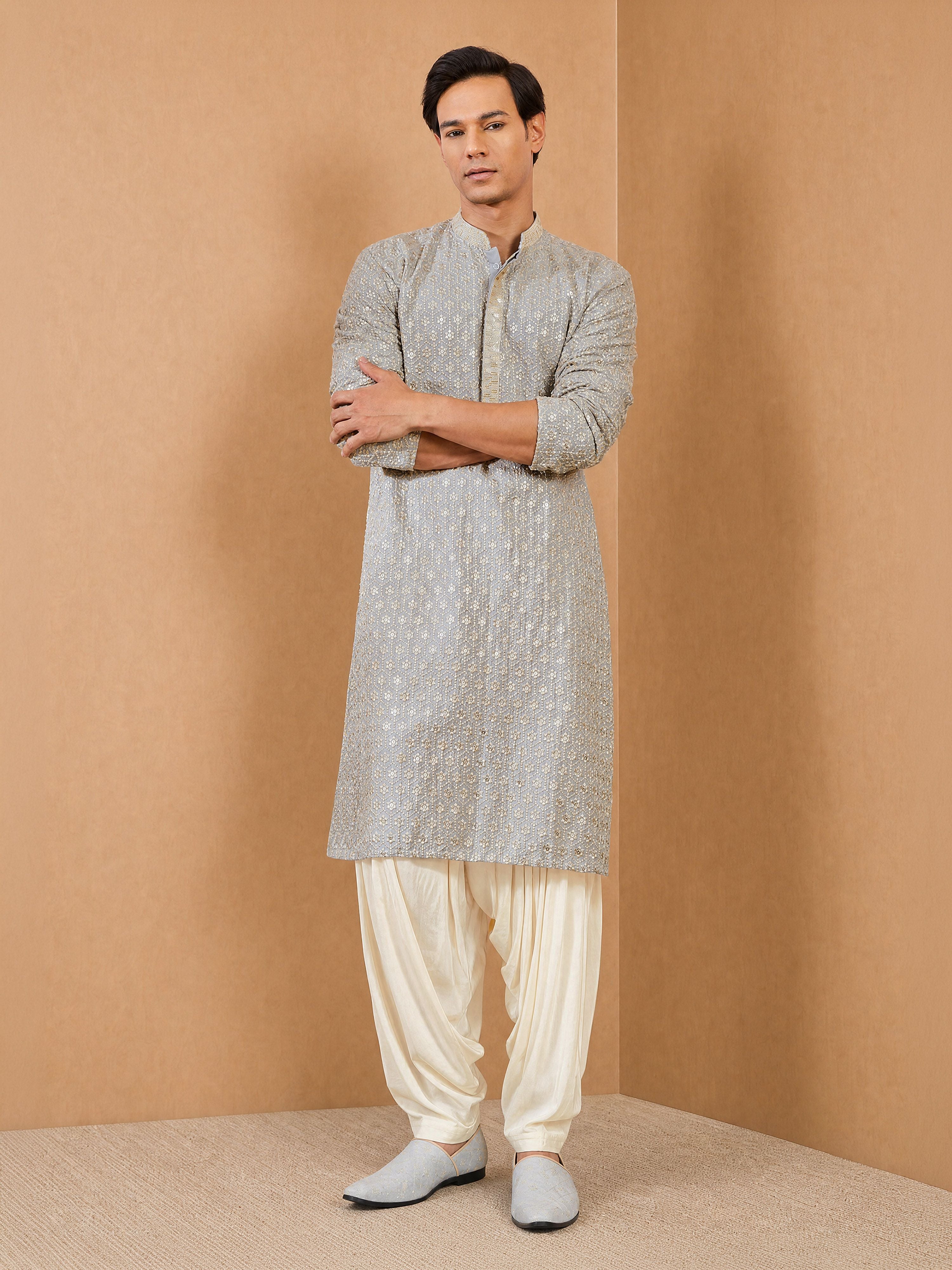 Men Grey Rayon Kurta with Patiayala Festive, Festive Glitz, EID, Wedding, Diwali Ethnic Wear