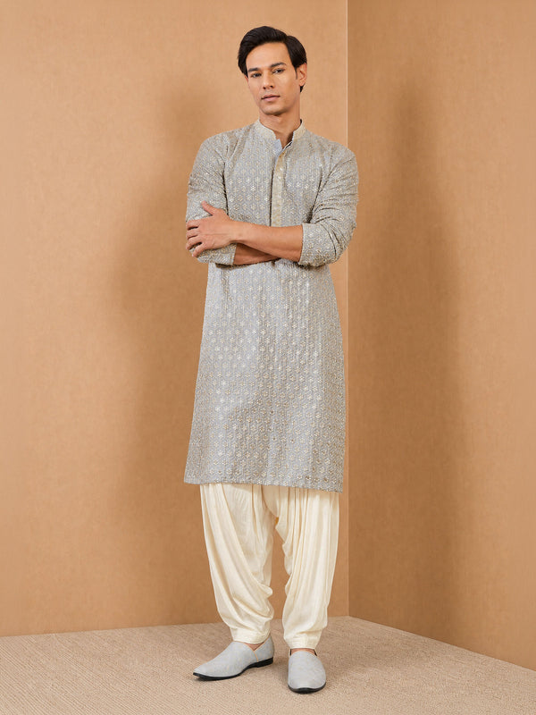 Men Grey Rayon Kurta with Patiayala Festive, Festive Glitz, EID, Wedding, Diwali Ethnic Wear