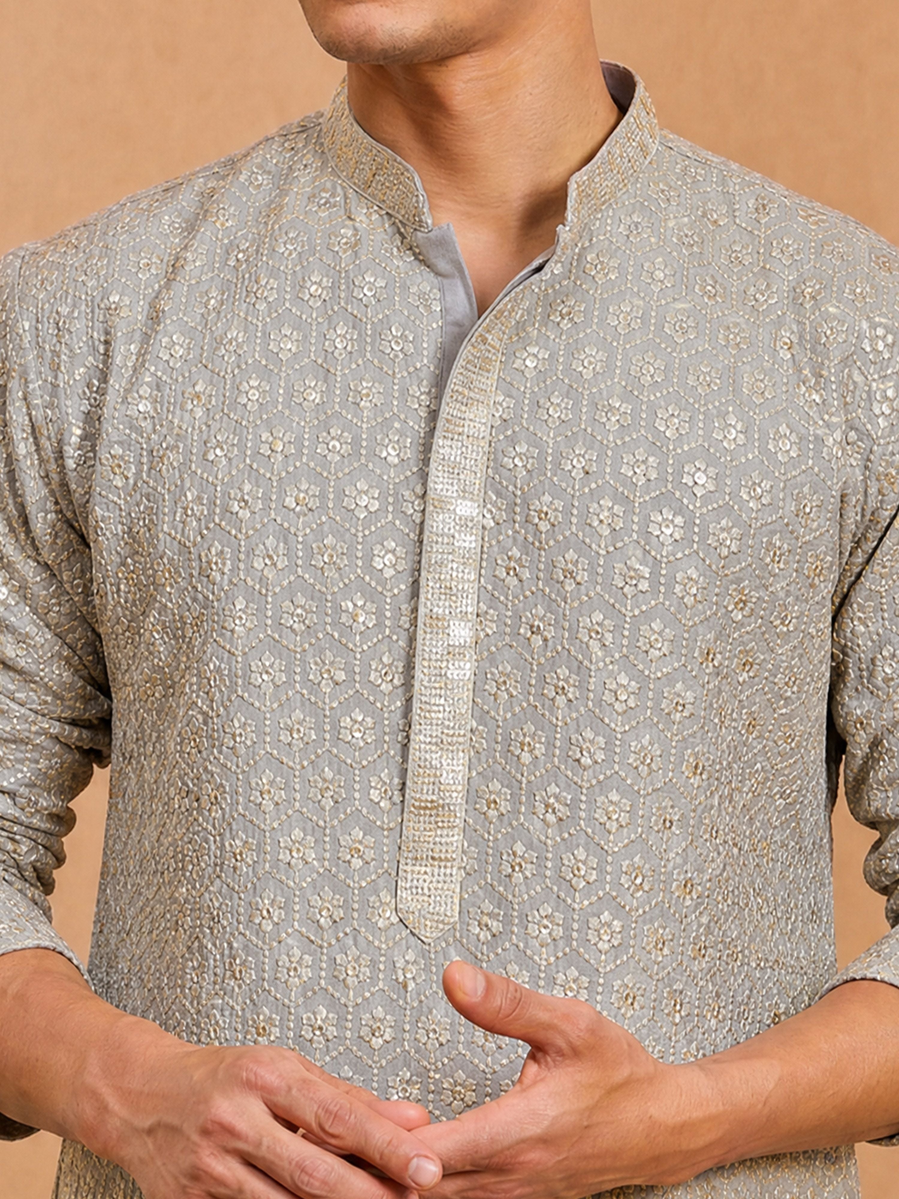 Men's Grey Rayon Embellished Knee Length Kurta with Patiayala