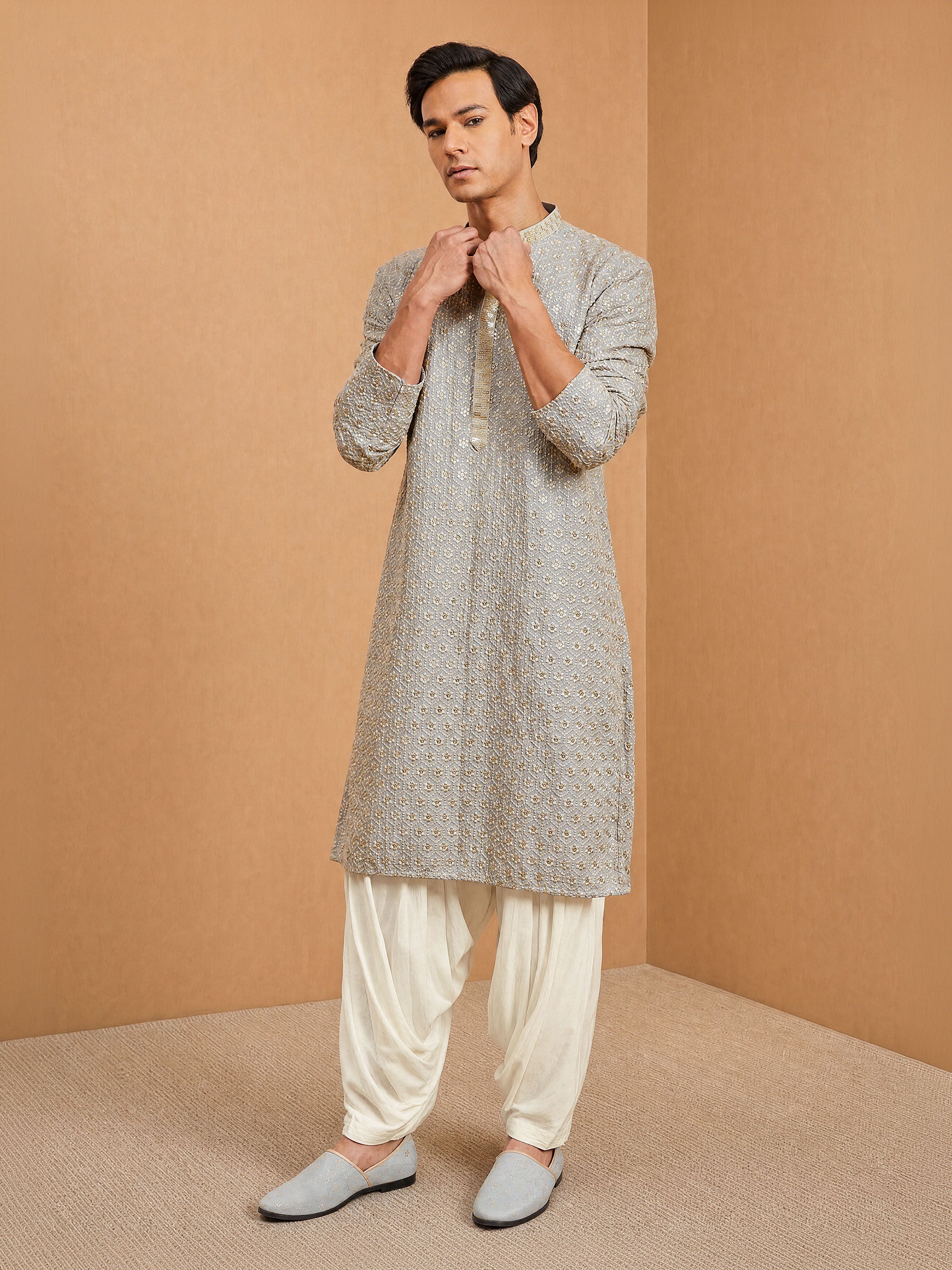 Men's Grey Rayon Embellished Knee Length Kurta with Patiayala