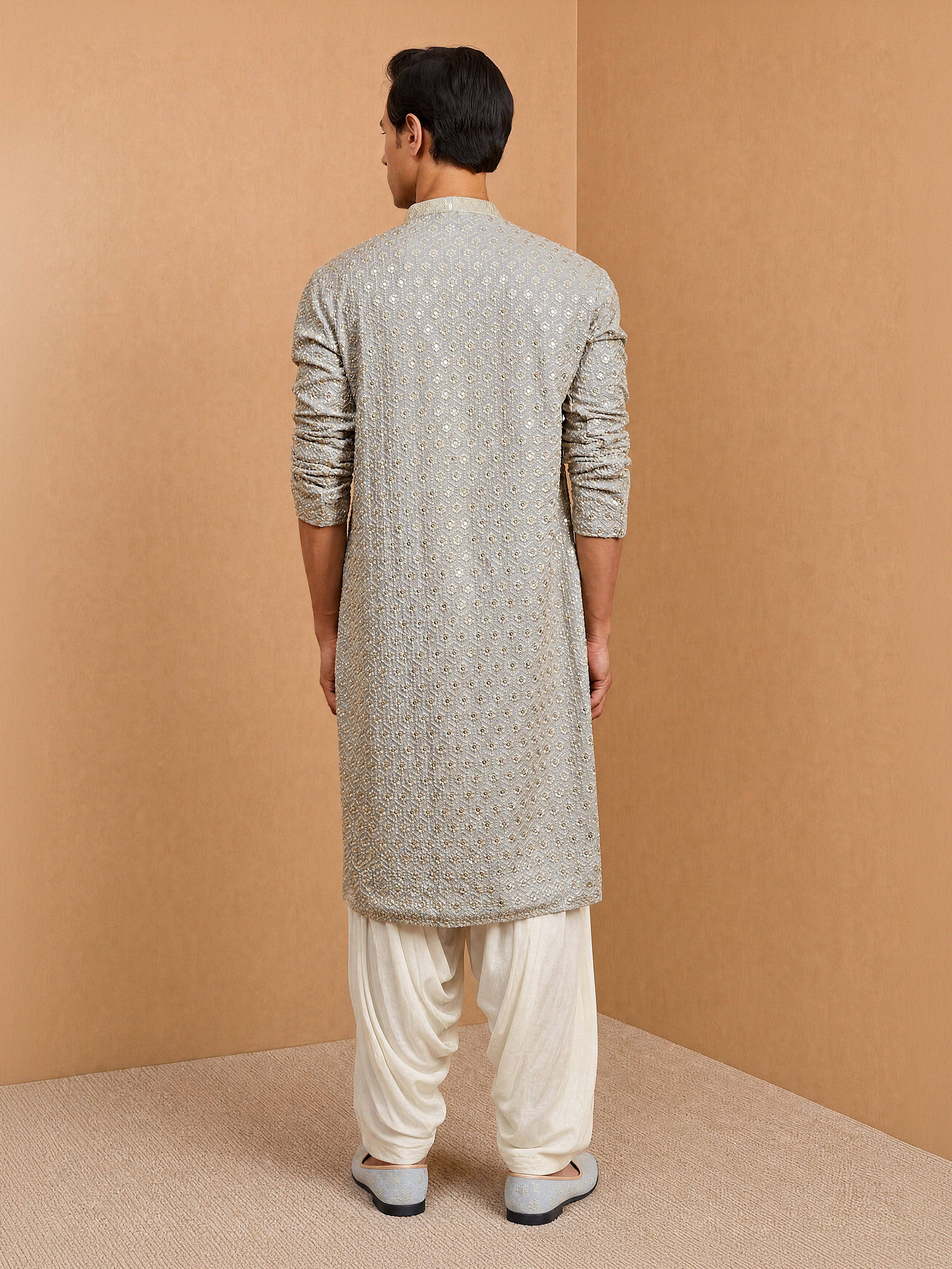 Men's Grey Rayon Embellished Knee Length Kurta with Patiayala