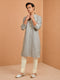 Men's Grey Embroidered, Sequin Knee Length Kurta Pant Set with Churidar