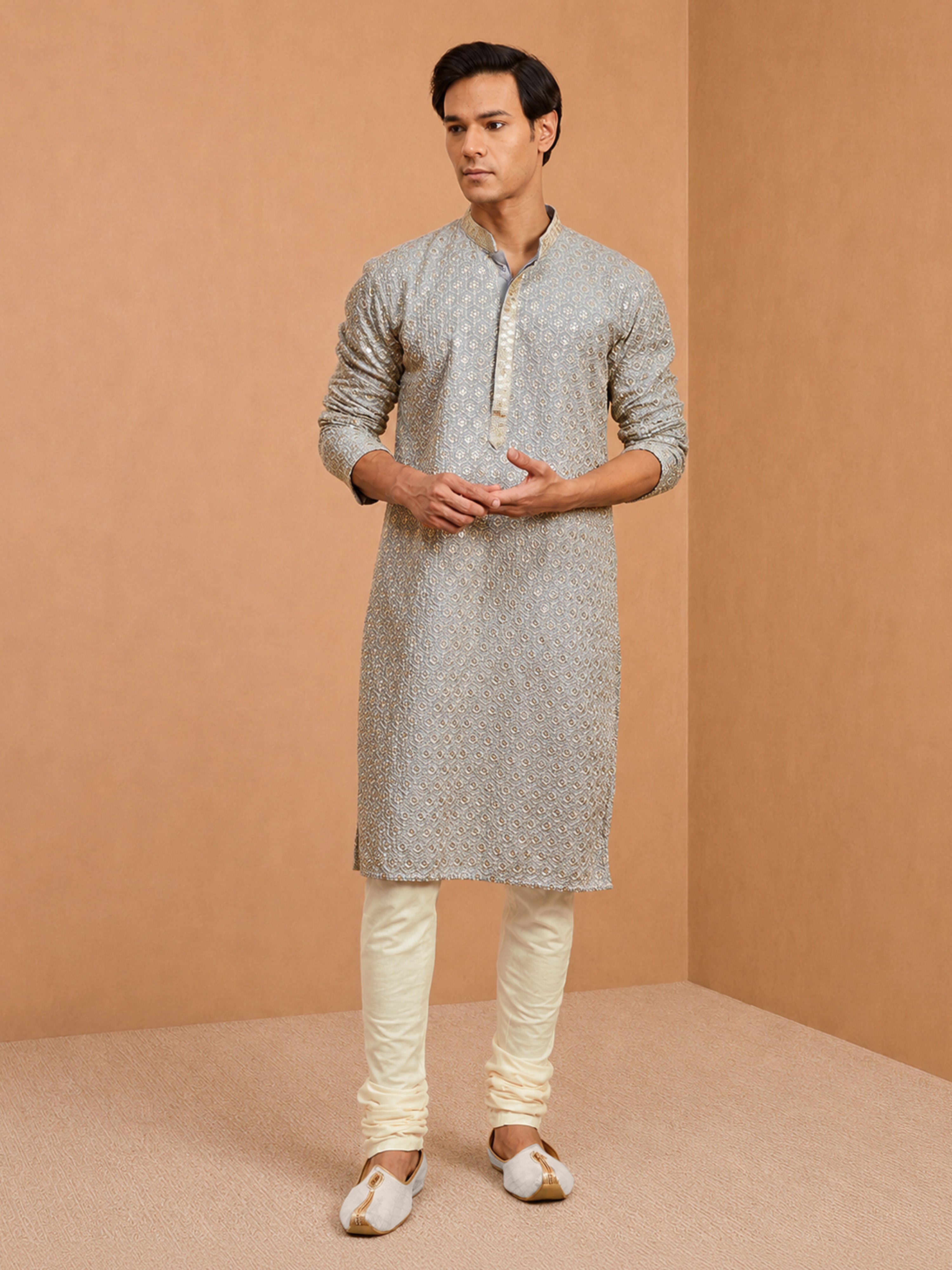 Men's Grey Embroidered, Sequin Knee Length Kurta Pant Set with Churidar
